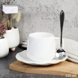 Чайная пара фарфоровая 220мл с ложкой Цветочек серебро (костяной фарфор), в п/у GH03-220/752205