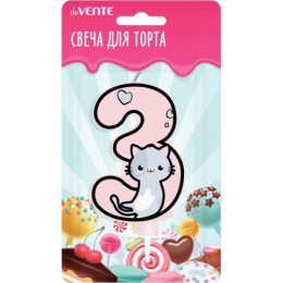 Свеча-цифра 3 Котик с рисунком, розовая deVente 9060124