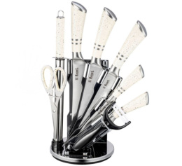 Набор ножей  9 предм. 5 ножей с прорезиненными ручками + ножницы + точилка + овощечистка + акриловая подставка Rashel R-09