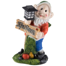 Фигурка садовая из полистоуна-фонарь Гном с фонарем и табличкой Привет 30х30х52см Park 169417