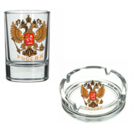 Набор Подарочный стеклянный  3 предмета (2 стопки + пепельница) Герб России, в п/у Gid Glass D1162/01+D1022/02