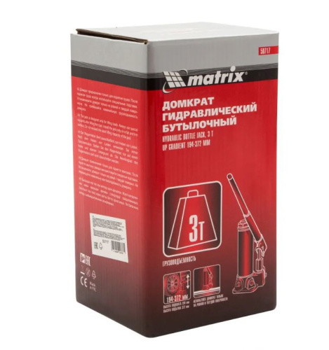 Домкрат  3т гидравлический бутылочный, высота подъема 194–372мм Matrix 50717
