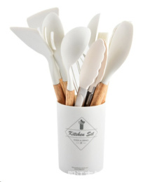 Набор кухонных принадлежностей силиконовый 12 предм. на подставке, деревянные ручки, молочный KNA-140/732675