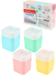 Точилка пластик 2 отверстия с контейнером, ассорти ТК-0341