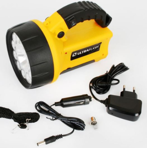 Фонарь аккумуляторный светодиодный 11LED + галоген + 8LED, 220В/12В, желтый Ultraflash UF3753LED