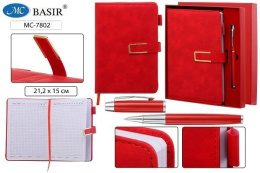 Набор подарочный (ежедневник А5 116л клетка, кожзам, застежка на молнии +  ручка автоматическая металлическая) красный МС-7802
