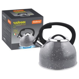 Чайник из нержавеющей стали со свистком 2,5л черная ручка, Arte, серый с белыми точками Mallony 005171