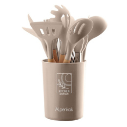 Набор кухонных принадлежностей силиконовый 12 предм. на подставке, деревянные ручки, бежевый Alpenkok АК-5282