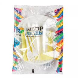 Набор посуды одноразовой на 6 персон: тарелка 170мм-6шт., стакан 100мл-6шт., стакан 200мл-6шт., вилка 165мм-6шт., салфетки-6шт. Юпласт ЮНАБ2031