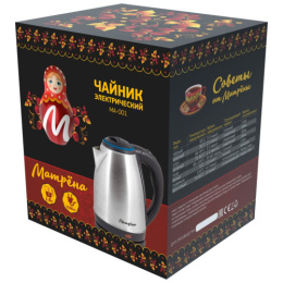 Чайник электрический 1,8л 1500Вт, МА-001, нержавеющая сталь, диск, цвет крышки голубой Матрена 005456