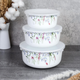 Набор салатников стеклокерамических  3шт. с крышками 600мл, 1,1л, 1,6л Луговые цветы White Lily HDW3B-XN (7521)/748977
