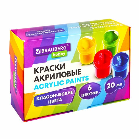 Краски акриловые  6 цветов Brauberg Hobby 20мл 192434
