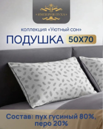 Подушка 50х68см Гусиный пух 80% / перо 20% (тик смесовый, кант), в сумке, Коллекция Уютный сон Империя пуха ИП133