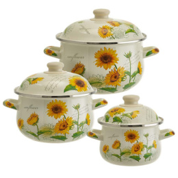 Эмаль набор посуды 3 предм. кастрюли грушевидные с металл. крышками 1,5л, 2,8л, 3,6л Подсолнухи Metalloni EM-1642