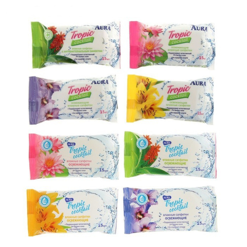 Салфетки влажные Tropic Cocktail 15шт. освежающие Aura  865930