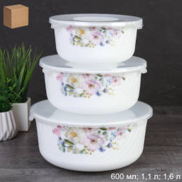 Набор салатников стеклокерамических  3шт. с крышками 600мл, 1,1л, 1,6л Шиповник, в картон/у GRAY-HDW3B (7158)/728000