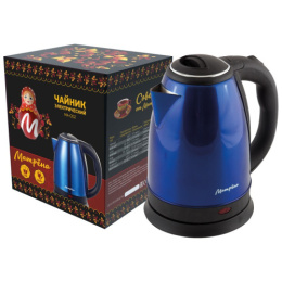 Чайник электрический 1,8л 1500Вт, МА-002, нержавеющая сталь, диск, синий Матрена 005406