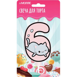 Свеча-цифра 6 Котик с рисунком, розовая deVente 9060127