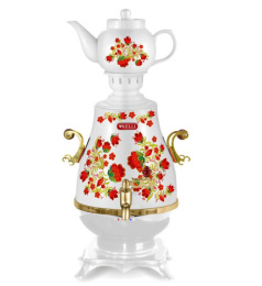 Самовар электрический 4,0л 1950-2200Вт, с керам. заварочным чайником 0,9л, пластиковый, белый с орнаментом Kelli KL-1321