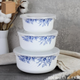 Набор салатников стеклокерамических  3шт. с крышками 600мл, 1,1л, 1,6л Цветы гжель, в картон/у White Lily GRAY-HDW3B (7367)/740224