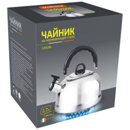 Чайник из нержавеющей стали со свистком 2,7л черная ручка, Casual 004260