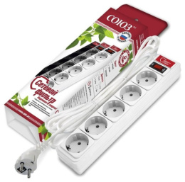 Фильтр сетевой 5 розеток  3,0м 10А с заземлением, ПВС 3 х 0,75, 2200Вт, белый Союз 1325