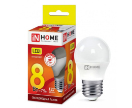 Лампа светодиодная  8Вт (эквивалент  75Вт) 230В E27 3000К теплый свет шар In Home LED-P45-ШАР-VC 0563