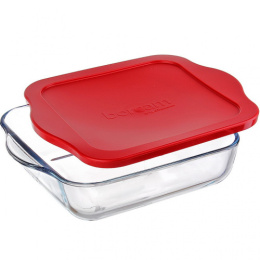 Форма для запекания стеклянная жаропрочная квадратная с пластиковой крышкой 22х22х6см 1,95л с ручками Borcam 59034K