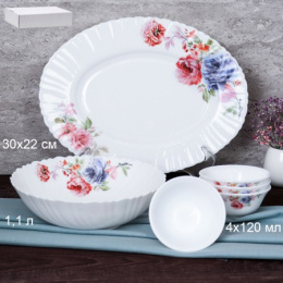 Набор посуды стеклокерамической 6 предметов (блюдо ов.-300мм, салатник-1,1л, пиала 4шт.-120мл) Синяя роза, в белой коробке White Lily 6/84120 (7027)/710673