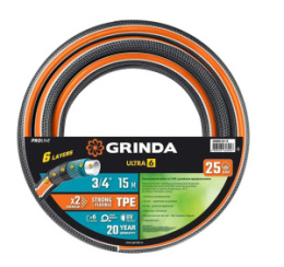 Шланг поливочный ПВХ армированный PROLine Ultra 6 3/4" (19мм) 15м, 6-ти слойный, черно-оранжевый Grinda 429009-3/4-15