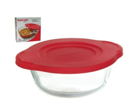Кастрюля стеклянная жаропрочная круглая 0,84л пластиковая красная крышка, в коробке Borcam 59133 PLS