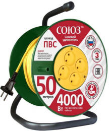 Удлинитель силовой на катушке 50м 4 розетки  6А без заземления, ПВС 2 х 0,75, 1300Вт Союз 481S-3105