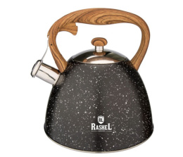 Чайник из нержавеющей стали со свистком 3,0л коричневая ручка, черный Rashel М-7147