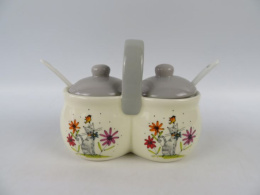 Банка для специй керамическая (доломит) двухсекционная с ложками 250мл Серый кот, в п/у Elrington 208-07016