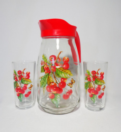 Набор стеклянный  3 предмета (кувшин + 2 стакана) Вишня на ветке, в п/у Декостек 1607/2-Д