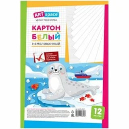 Картон белый  12 листов А4 Морской котик, немелованный Нкн12б_28644