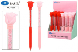 Ручка шариковая автоматическая детская с игрушкой - насадкой Розы, синяя, с поворотным механизмом МС-7631