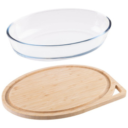 Форма для запекания стеклянная жаропрочная овальная с бамбуковой крышкой 3 в 1 Cristallino 32x23x7см 2,4л Mallony 108342
