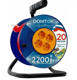 Удлинитель силовой на катушке 20м 4 розетки 10А с заземлением, ПВС 3 х 1, 2200Вт Domtok 2441