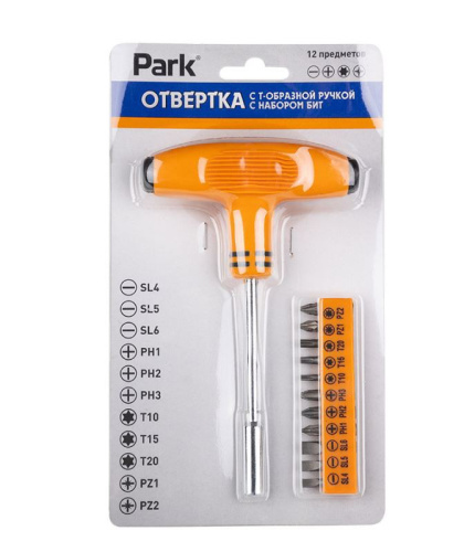 Отвертка Т-образная с набором бит 12 предметов Park 008610