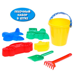 Набор для песочницы пластиковый  7 предметов №110: ведро, совок, грабли, формочки 4шт., в сетке Соломон 3301620