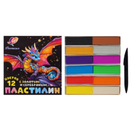 Пластилин 12 цветов 230г Луч Фантазия (классический + золотой + серебрянный) со стеком 35С 2310-08
