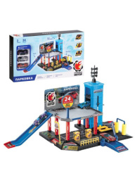 Парковка 2 уровня: детали для сборки 34 пр., машины 3шт., лифт-подъемник, автомойка, заправка, автосервис, шлагбаум, в коробке Пламенный мотор 870985