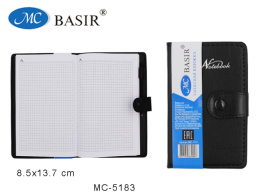 Книжка записная А6  60 листов, на кнопке, с ручкой, кожзам, черный МС-5183