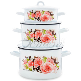 Эмаль набор посуды Эстет 3 предм. кастрюли цилиндрические с металл. крышками 1,45л, 2,9л, 4,3л Розы и кофе Эстет ЭТ-71612