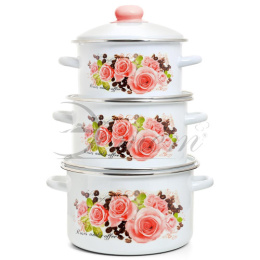 Эмаль набор посуды Эстет 3 предм. кастрюли цилиндрические с металл. крышками 2л, 3л, 4л Розы и кофе Эстет ЭТ-75086