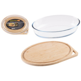 Форма для запекания стеклянная жаропрочная овальная с бамбуковой крышкой 3 в 1 Cristallino 32x23x7см 2,4л Mallony 108342