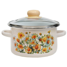 Кастрюля эмалированная Магн Ромашки 2,0л цилиндрическая со стеклян. крышкой Эмаль Магнитогорск 33-1610С/4