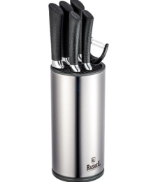 Набор ножей  7 предм. 5 ножей с прорезиненными ручками + овощечистка + подставка из нержавеющей стали и пластика Rashel R-7557