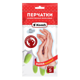 Перчатки виниловые хозяйственные размер "S", в ассортименте Komfi PVHCLR1